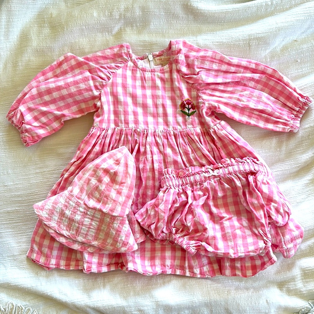 Pink chicken pink gingham dress set 6/12 months used great condition